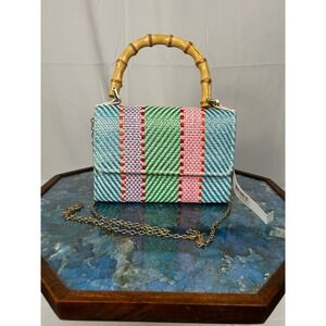 NWT Alessia Woven Clutch Crossbody Bamboo Handle Striped Multicolor Chain Bag